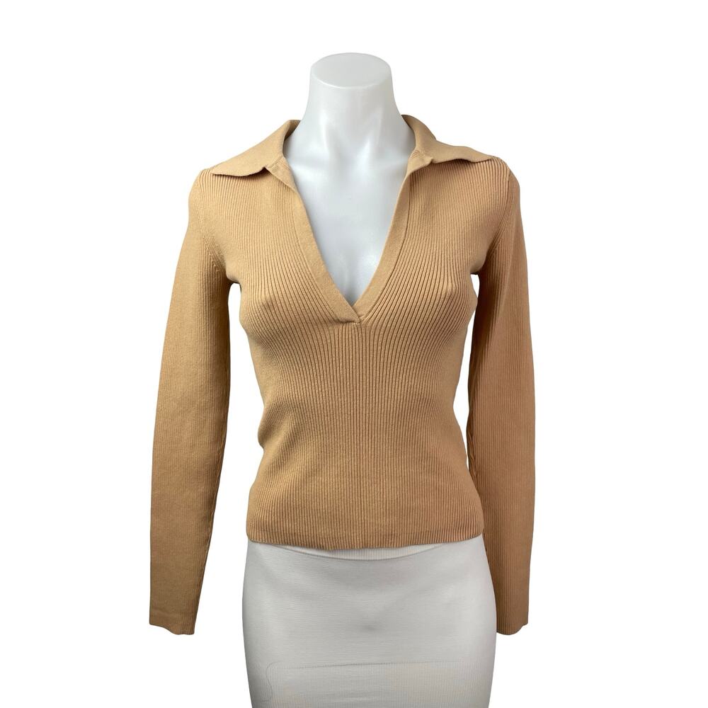 Intermix Nina Women's Ribbed Long Sleeve Collared V Neck Crop Sweater Top Sz P/S